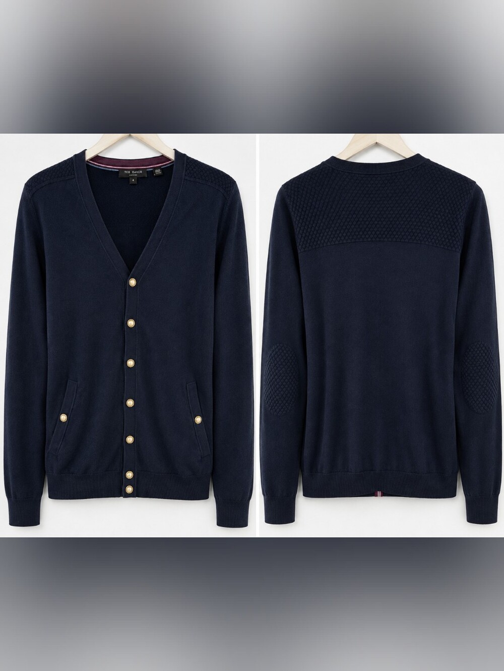 Ted Baker Men's Cotton Blend Navy Cardigan Gold Buttons Elbow Patches Sz 4 L